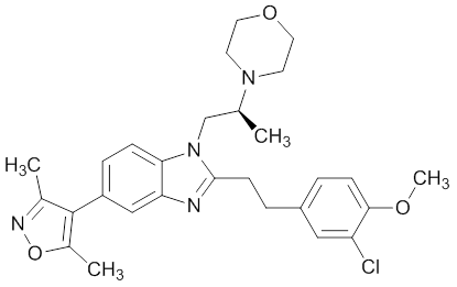 Structure of 8-(3-chloro-4-methoxy-phenethyl)-4-(3,5-dimethyl-isoxazol-4-yl)-9-(2-(morpholin-4-yl)-propyl)-7,9-diaza-bicyclo[4.3.0]nona-1(6),2,4,7-tetraene