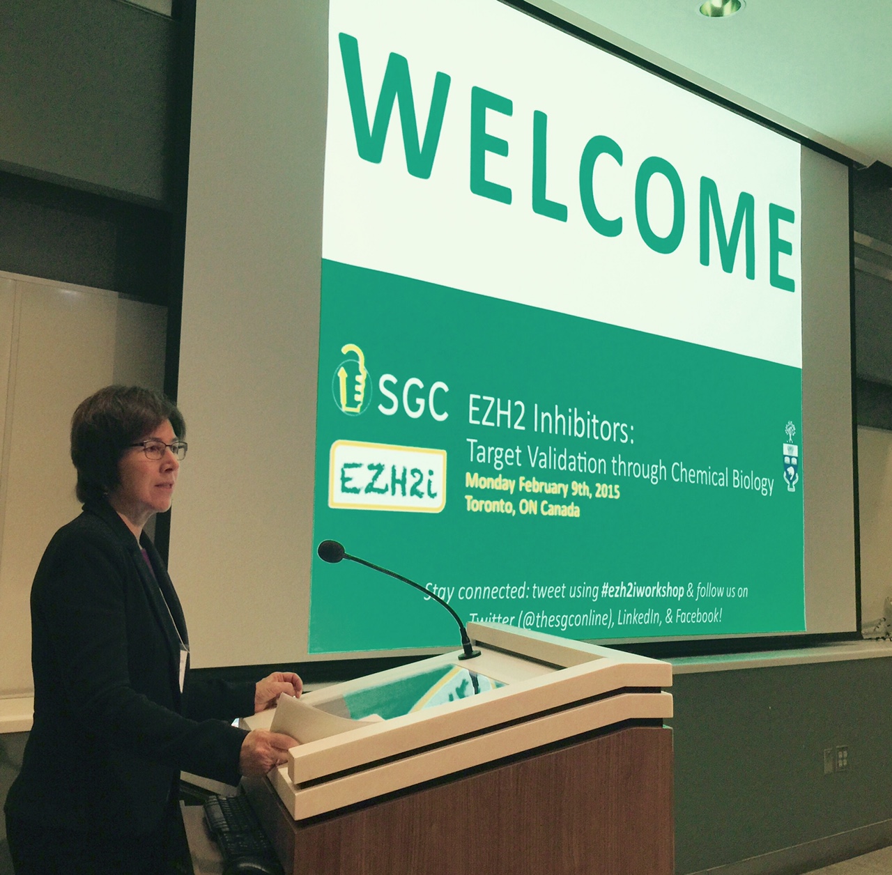 Dr Cheryl Arrowsmith welcomes participants at SGC's workshop on EZH2 inhibitors