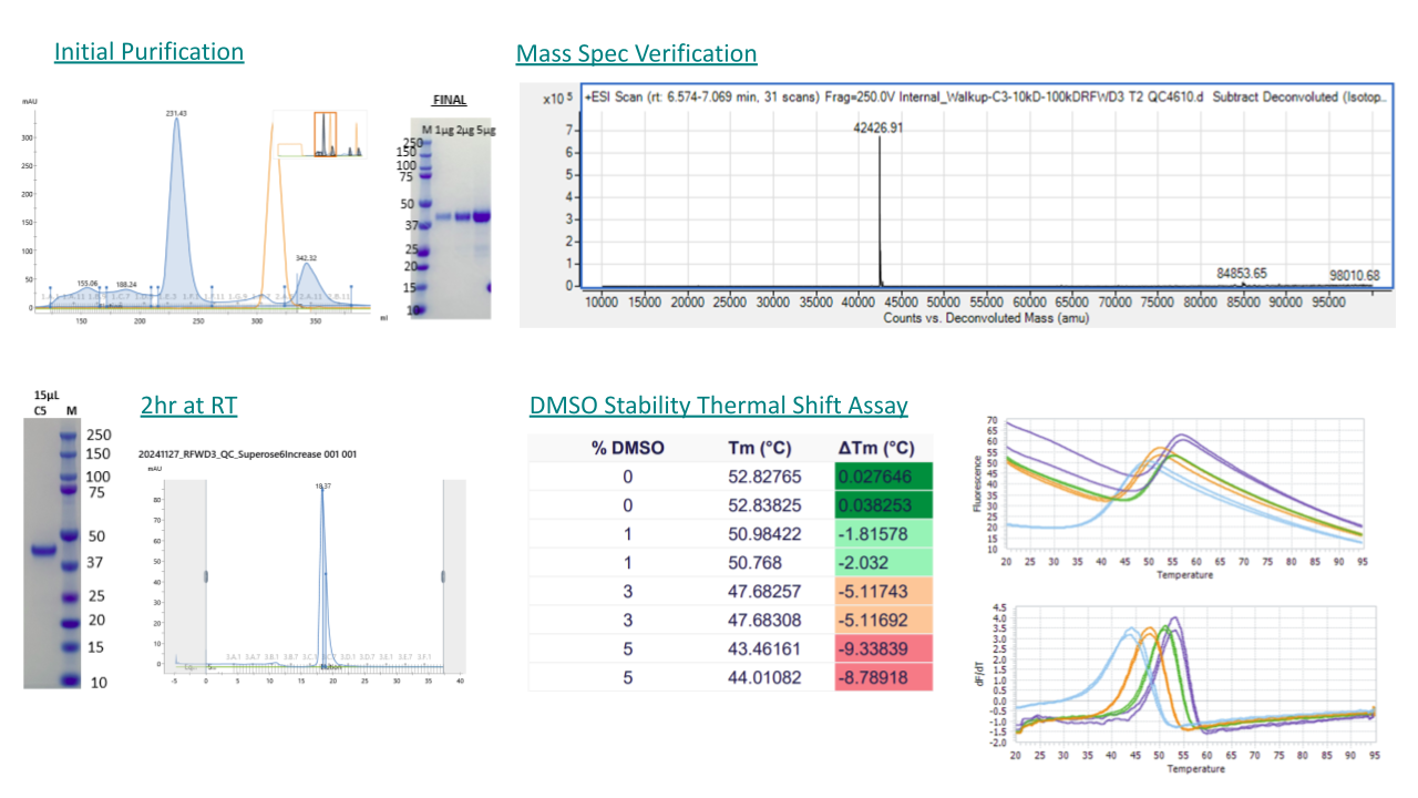 Characterization/QC data required including initial purification, mass spec verification, 2hr at RT and DMSO stability thermal shift assay